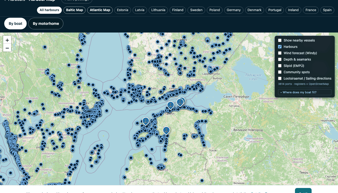 The Mervare harbour map on mervare.io: harbours across twelve countries